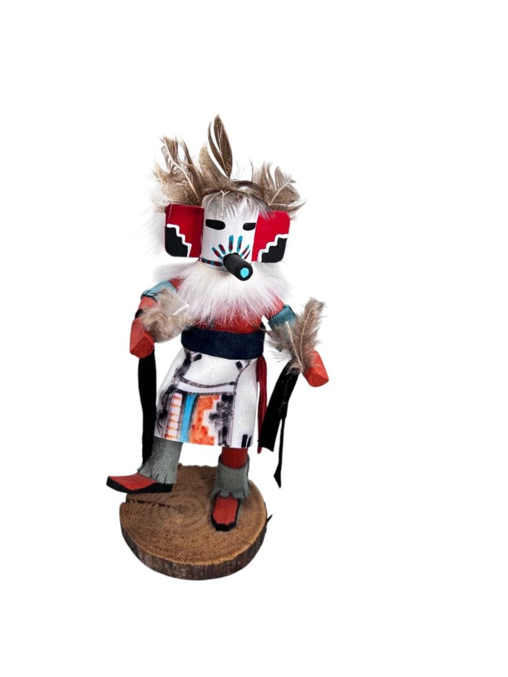 Vintage Native American Hopi Kachina Warrior Doll  Signed Feathers Wooden Base